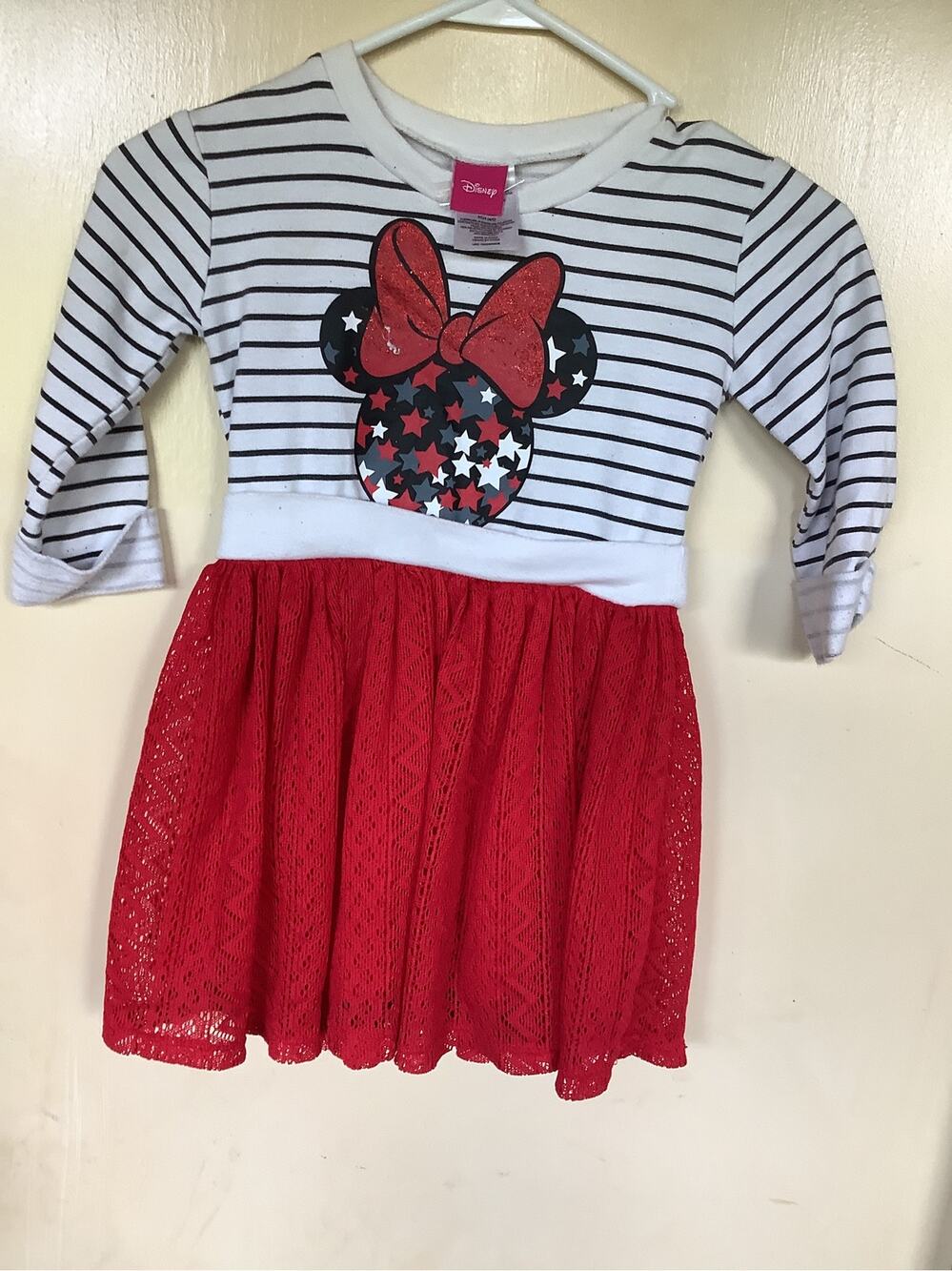 Cute white black striped with Red bottom Minnie Mouse dress XS 4/5